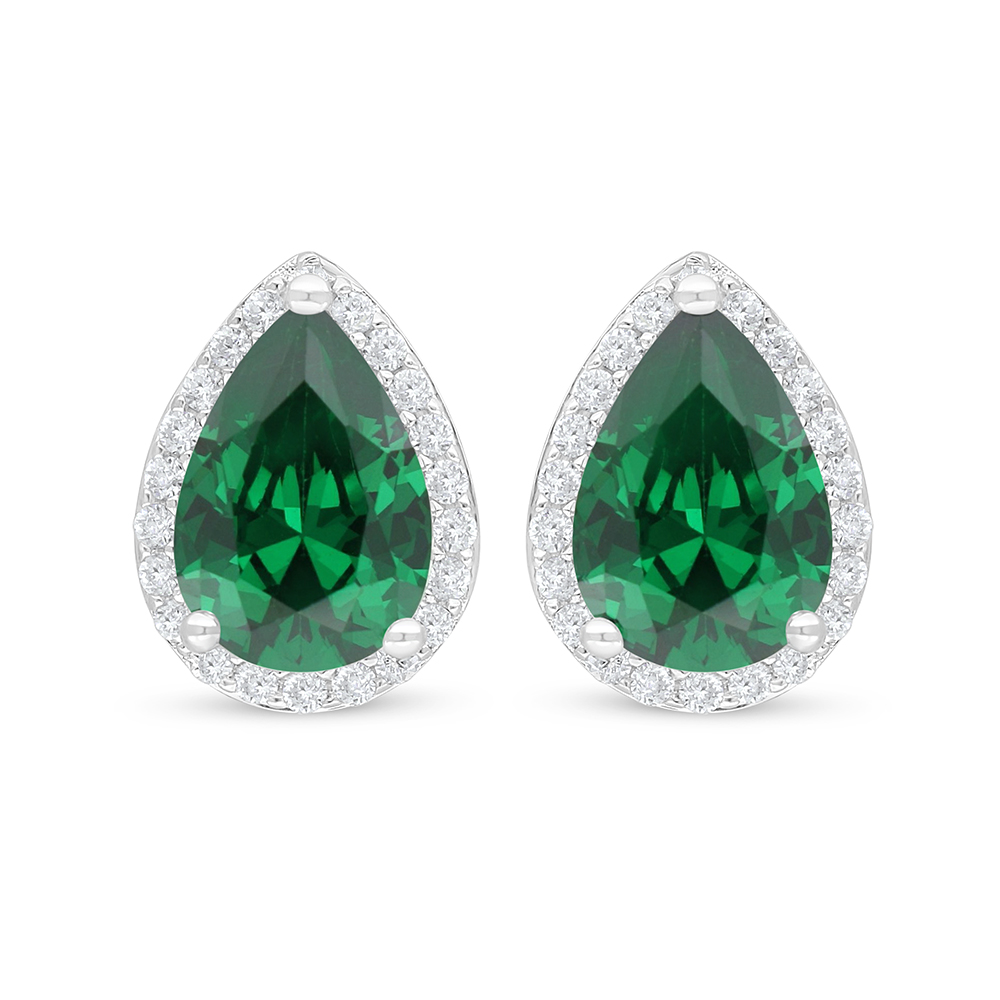 Sterling Silver 925 Earring Rhodium Plated Embedded With Emerald Zircon And White Zircon