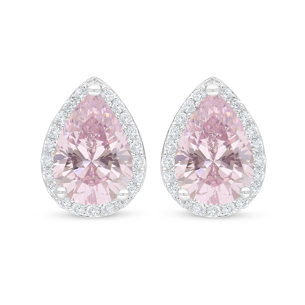 Sterling Silver 925 Earring Rhodium Plated Embedded With Pink Zircon And White Zircon