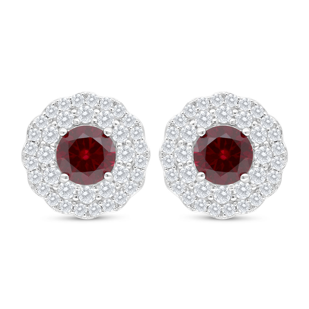 Sterling Silver 925 Earring Rhodium Plated Embedded With Ruby Corundum And White Zircon