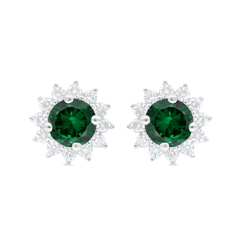 Sterling Silver 925 Earring Rhodium Plated Embedded With Emerald Zircon And White Zircon