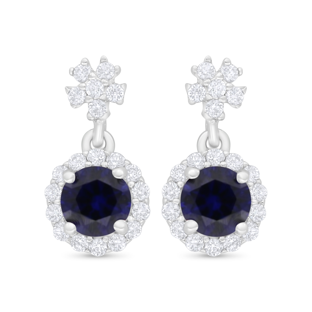 Sterling Silver 925 Earring Rhodium Plated Embedded With Sapphire Corundum And White Zircon