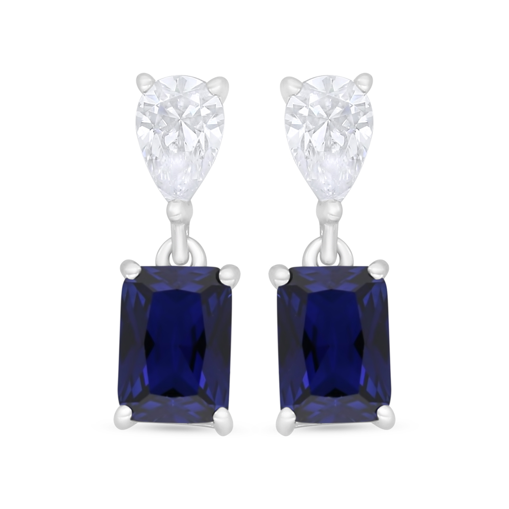 Sterling Silver 925 Earring Rhodium Plated Embedded With Sapphire Corundum And White Zircon