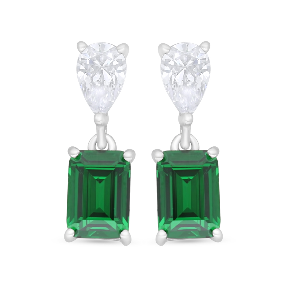 Sterling Silver 925 Earring Rhodium Plated Embedded With Emerald Zircon And White Zircon