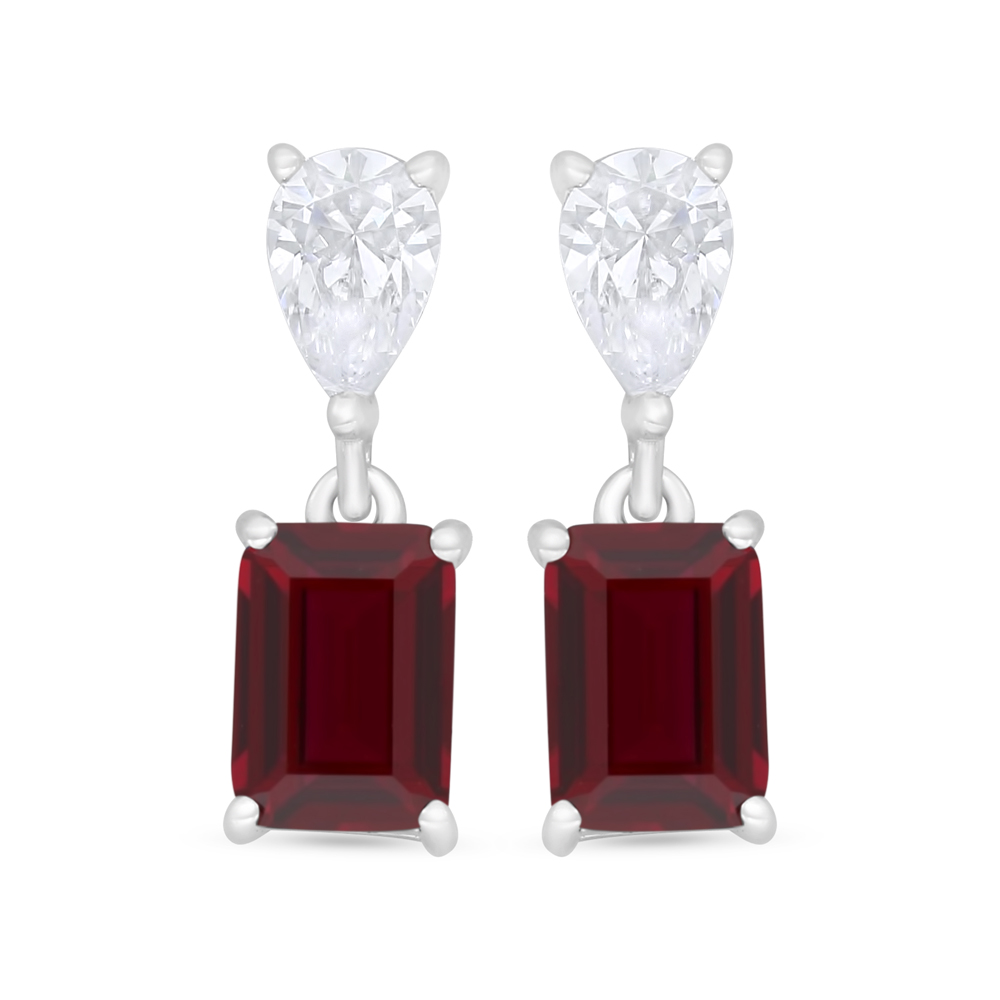 Sterling Silver 925 Earring Rhodium Plated Embedded With Ruby Corundum And White Zircon