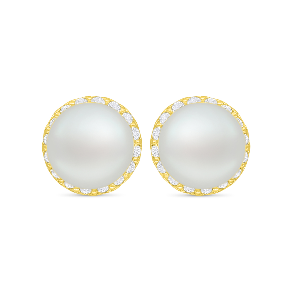 Sterling Silver 925 Earring Golden Plated Embedded With Natural White Pearl And White Zircon
