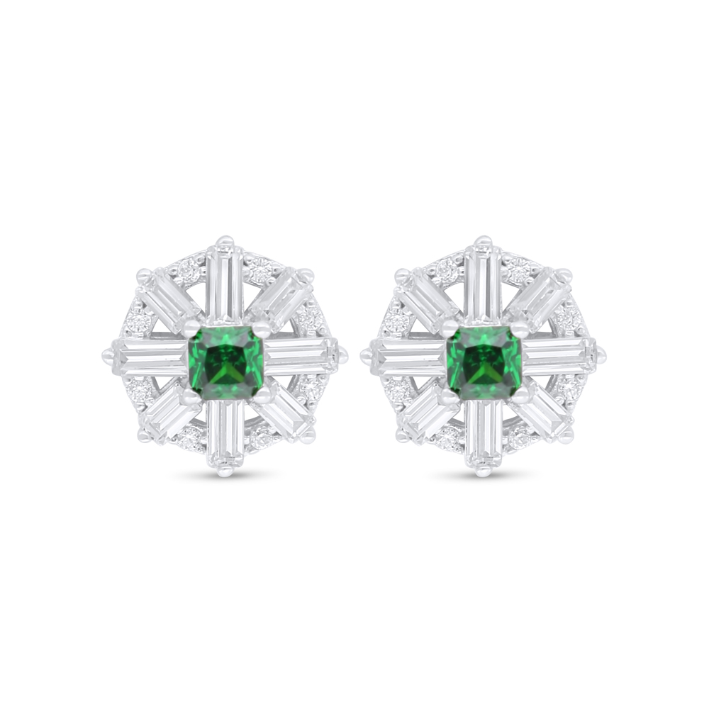 Sterling Silver 925 Earring Rhodium Plated Embedded With Emerald Zircon And White Zircon