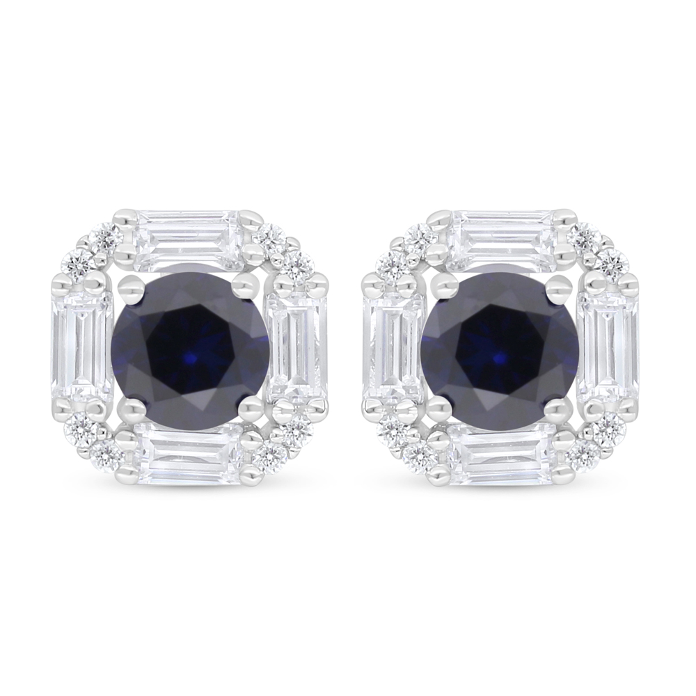 Sterling Silver 925 Earring Rhodium Plated Embedded With Sapphire Corundum And White Zircon