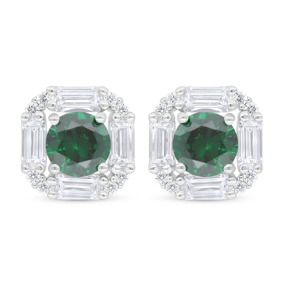 Sterling Silver 925 Earring Rhodium Plated Embedded With Emerald Zircon And White Zircon