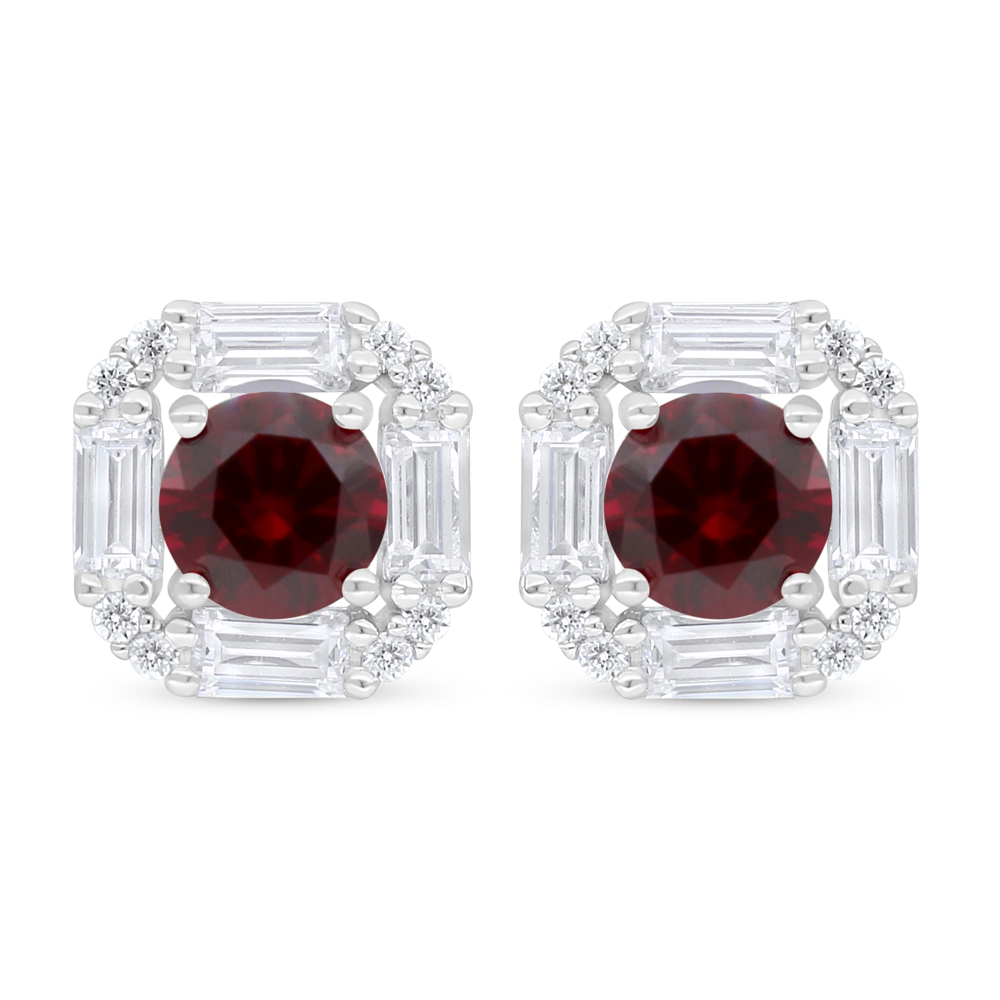 Sterling Silver 925 Earring Rhodium Plated Embedded With Ruby Corundum And White Zircon