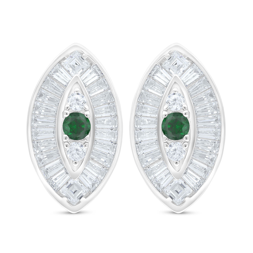 Sterling Silver 925 Earring Rhodium Plated Embedded With Emerald Zircon And White Zircon