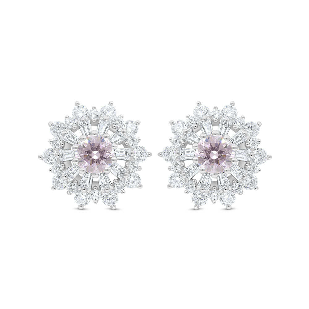 Sterling Silver 925 Earring Rhodium Plated Embedded With Pink Zircon And White Zircon