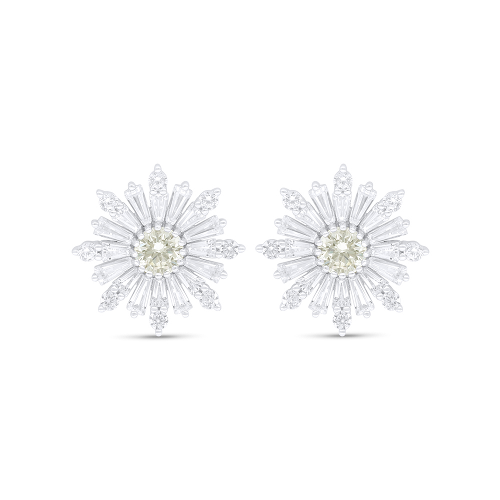 Sterling Silver 925 Earring Rhodium Plated Embedded With Yellow Diamond And White Zircon