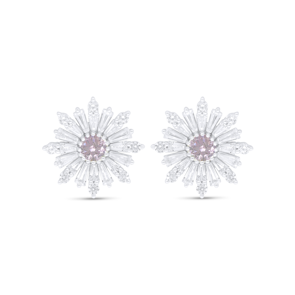 Sterling Silver 925 Earring Rhodium Plated Embedded With Pink Zircon And White Zircon