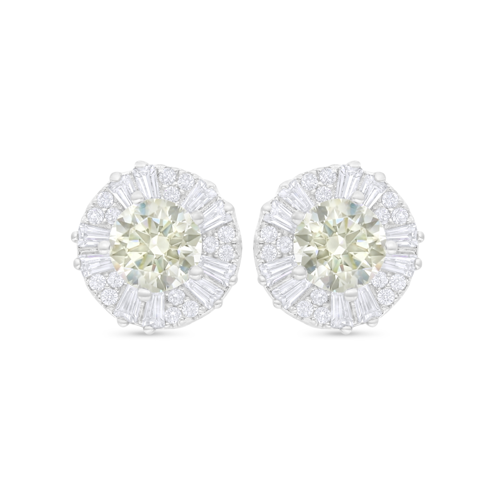 Sterling Silver 925 Earring Rhodium Plated Embedded With Yellow Diamond And White Zircon