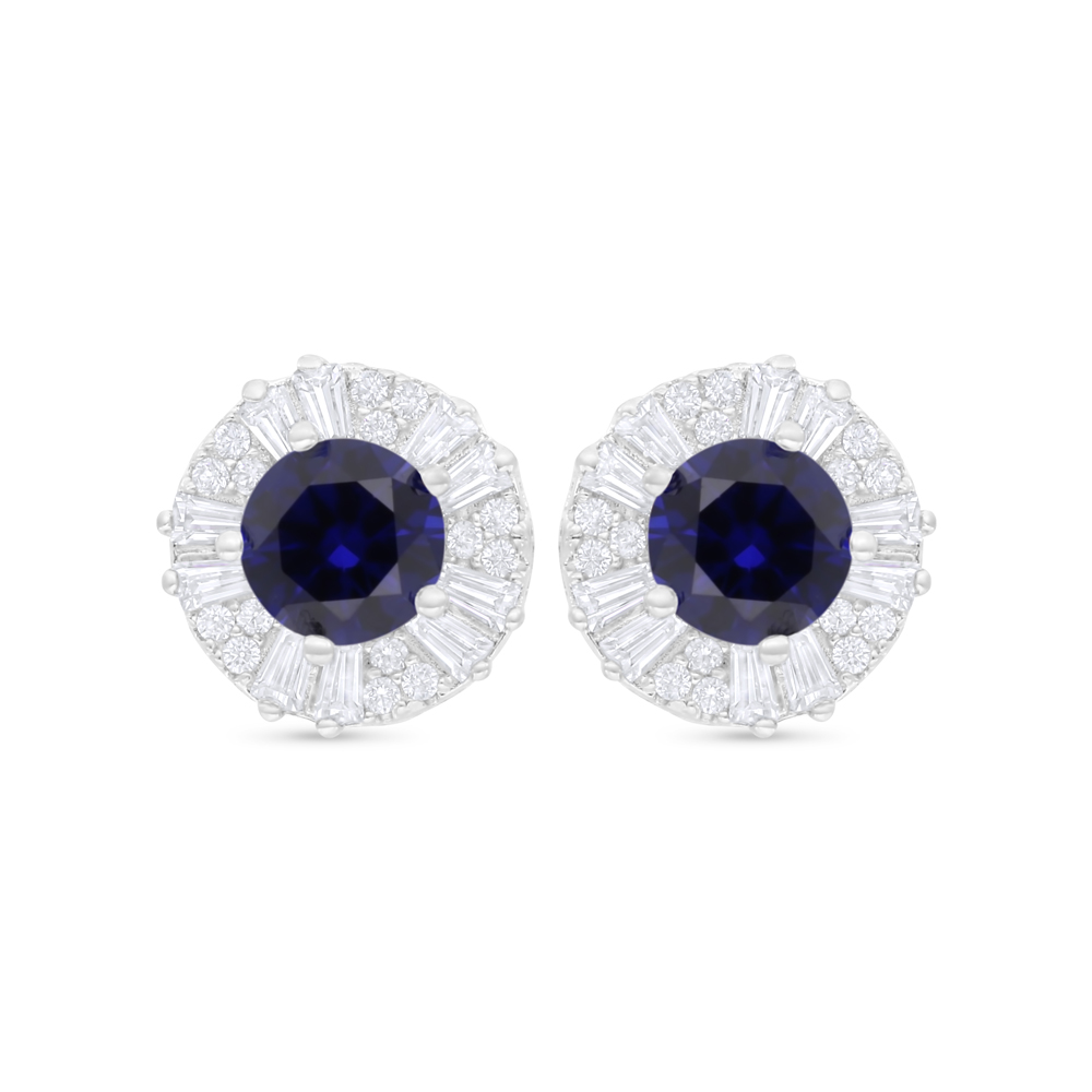 Sterling Silver 925 Earring Rhodium Plated Embedded With Sapphire Corundum And White Zircon