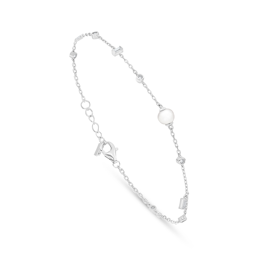 Sterling Silver 925 Bracelet Rhodium Plated Embedded With Natural White Pearl And White Zircon 