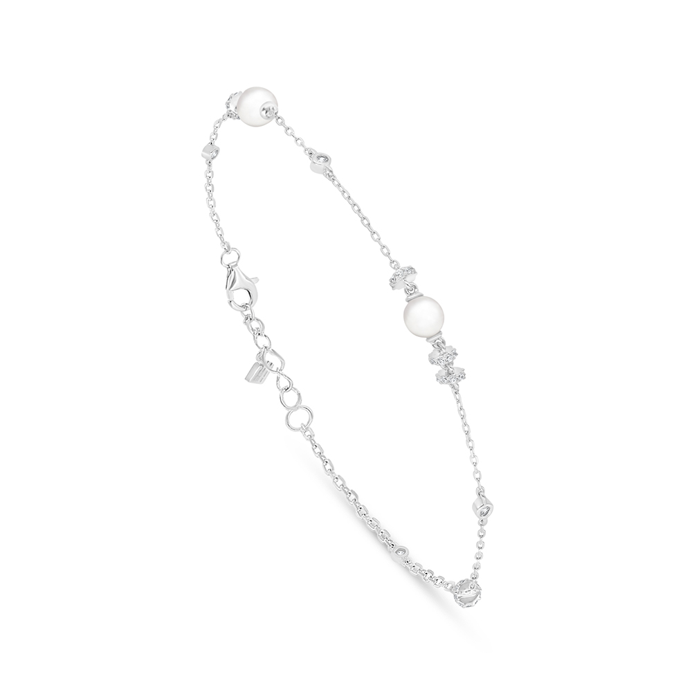 Sterling Silver 925 Bracelet Rhodium Plated Embedded With Natural White Pearl And White Zircon 