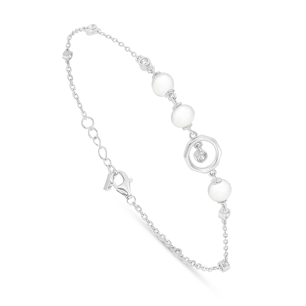 Sterling Silver 925 Bracelet Rhodium Plated Embedded With Natural White Pearl And White Zircon 