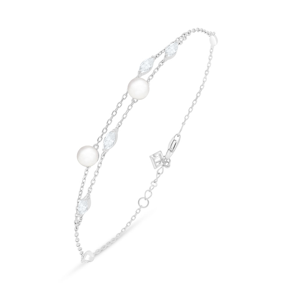 Sterling Silver 925 Bracelet Rhodium Plated Embedded With Natural White Pearl And White Zircon 