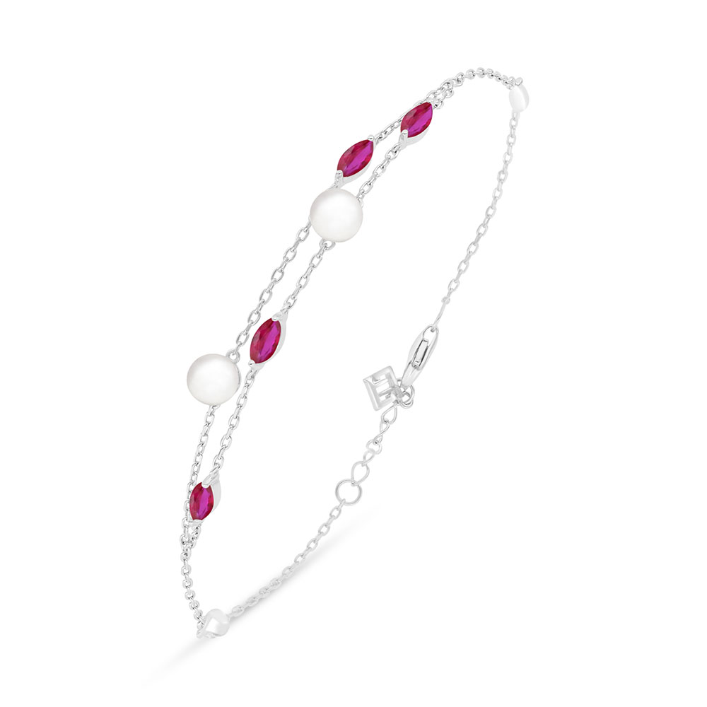 Sterling Silver 925 Bracelet Rhodium Plated Embedded With Natural White Pearl And Ruby Corundum