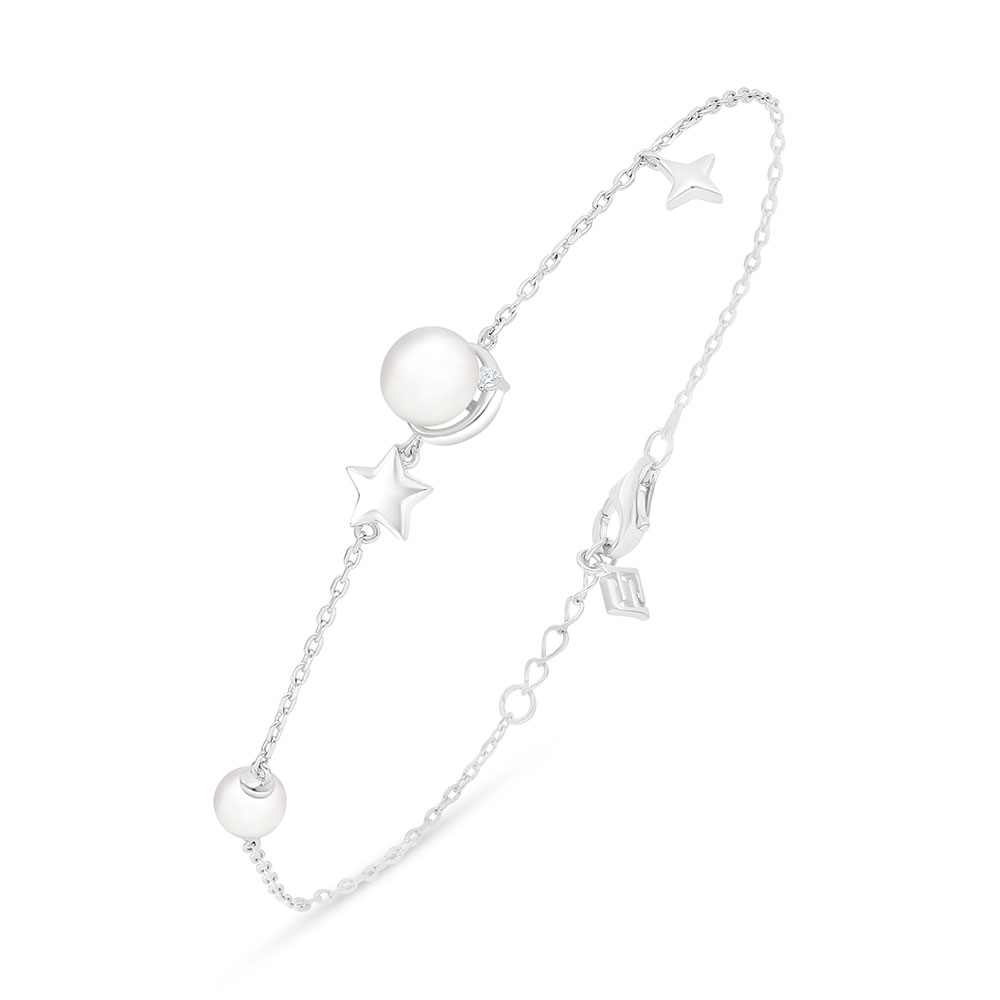 Sterling Silver 925 Bracelet Rhodium Plated Embedded With Natural White Pearl And White Zircon 