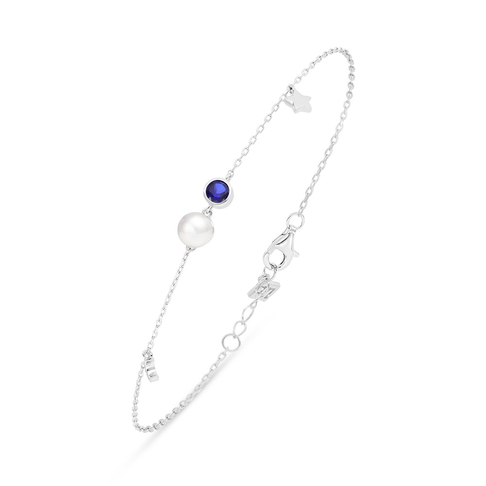 Sterling Silver 925 Bracelet Rhodium Plated Embedded With Natural White Pearl And Sapphire Corundum 