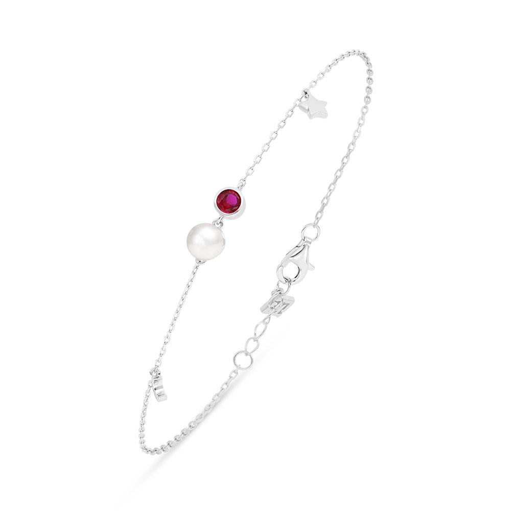 Sterling Silver 925 Bracelet Rhodium Plated Embedded With Natural White Pearl And Ruby Corundum 