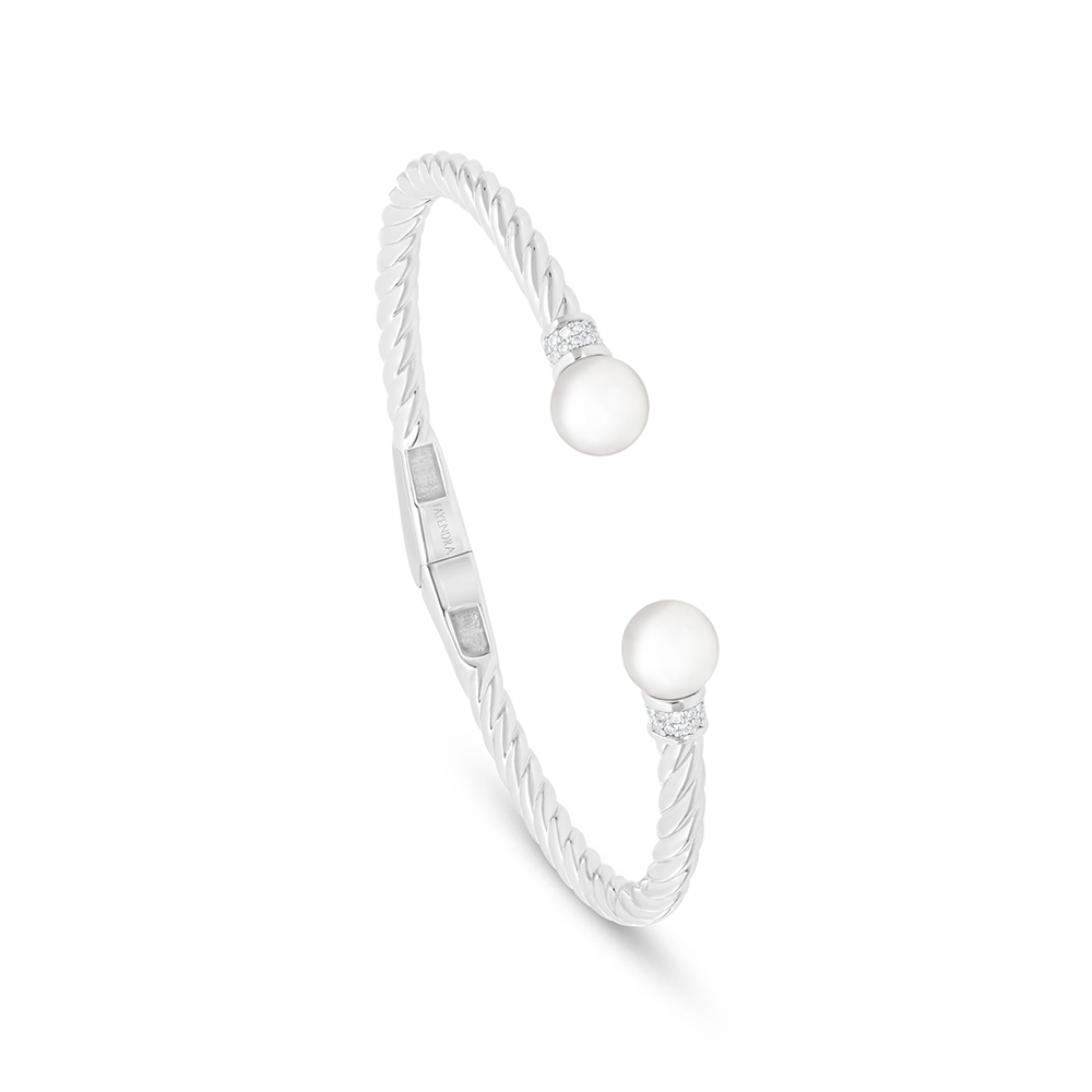 Sterling Silver 925 Bangle Rhodium Plated Embedded With Natural White Pearl And White Zircon 