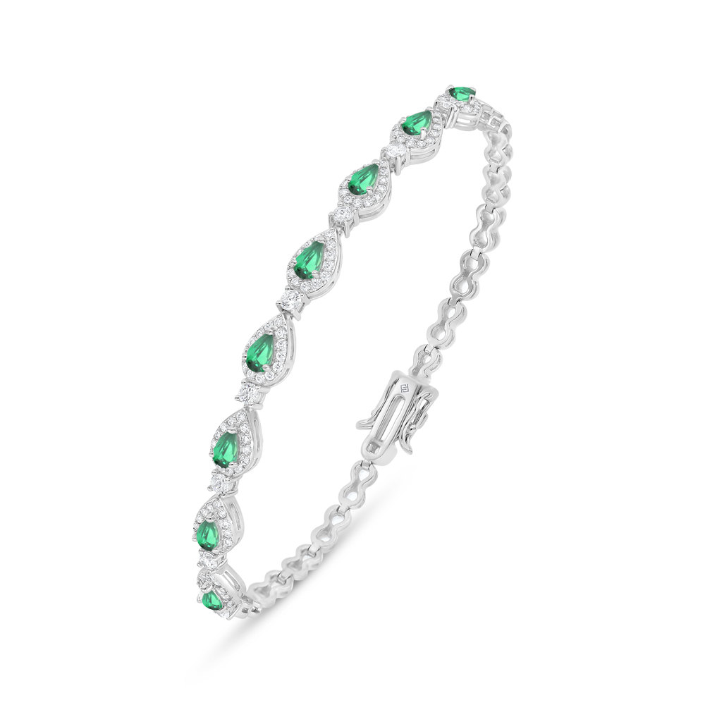 Sterling Silver 925 Bracelet Rhodium Plated Embedded With Emerald Zircon And White Zircon