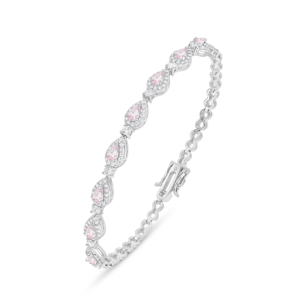 Sterling Silver 925 Bracelet Rhodium Plated Embedded With Pink Zircon And White Zircon