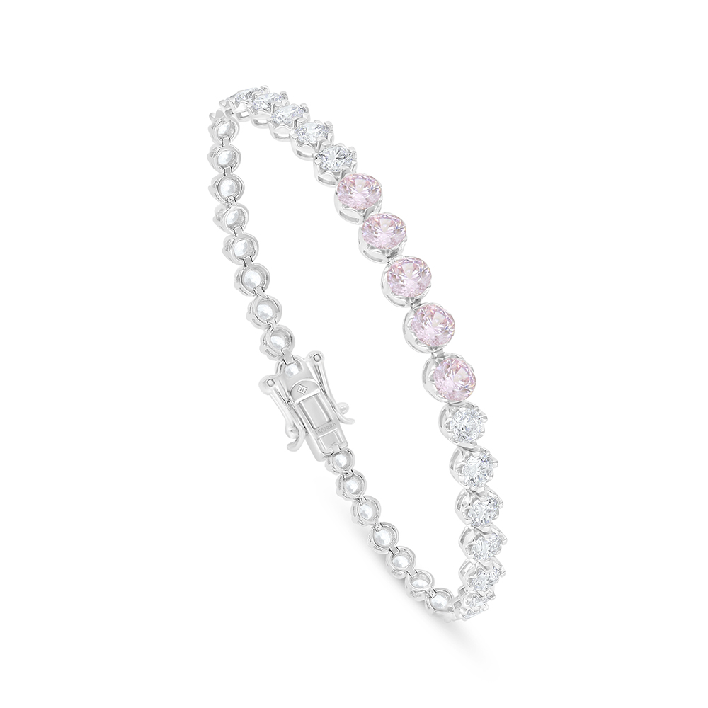 Sterling Silver 925 Bracelet Rhodium Plated Embedded With Pink Zircon 