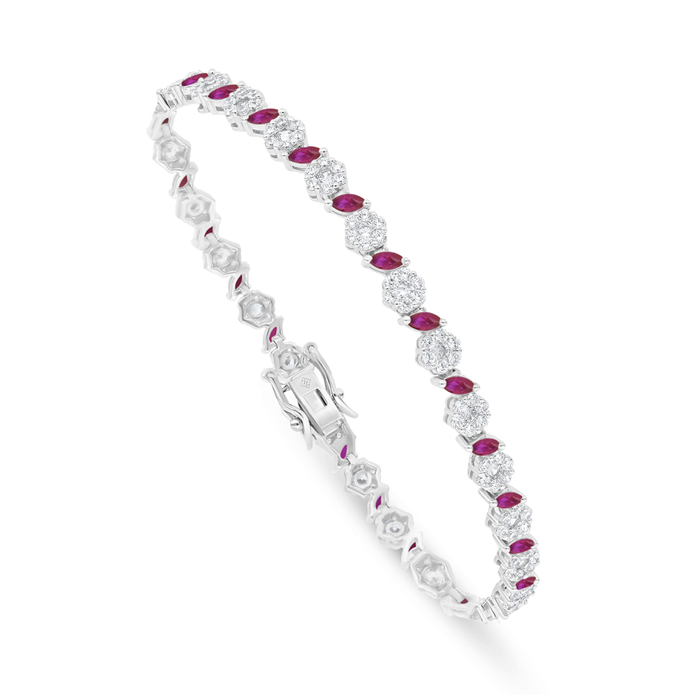 Sterling Silver 925 Bracelet Rhodium Plated Embedded With Ruby Corundum And White Zircon