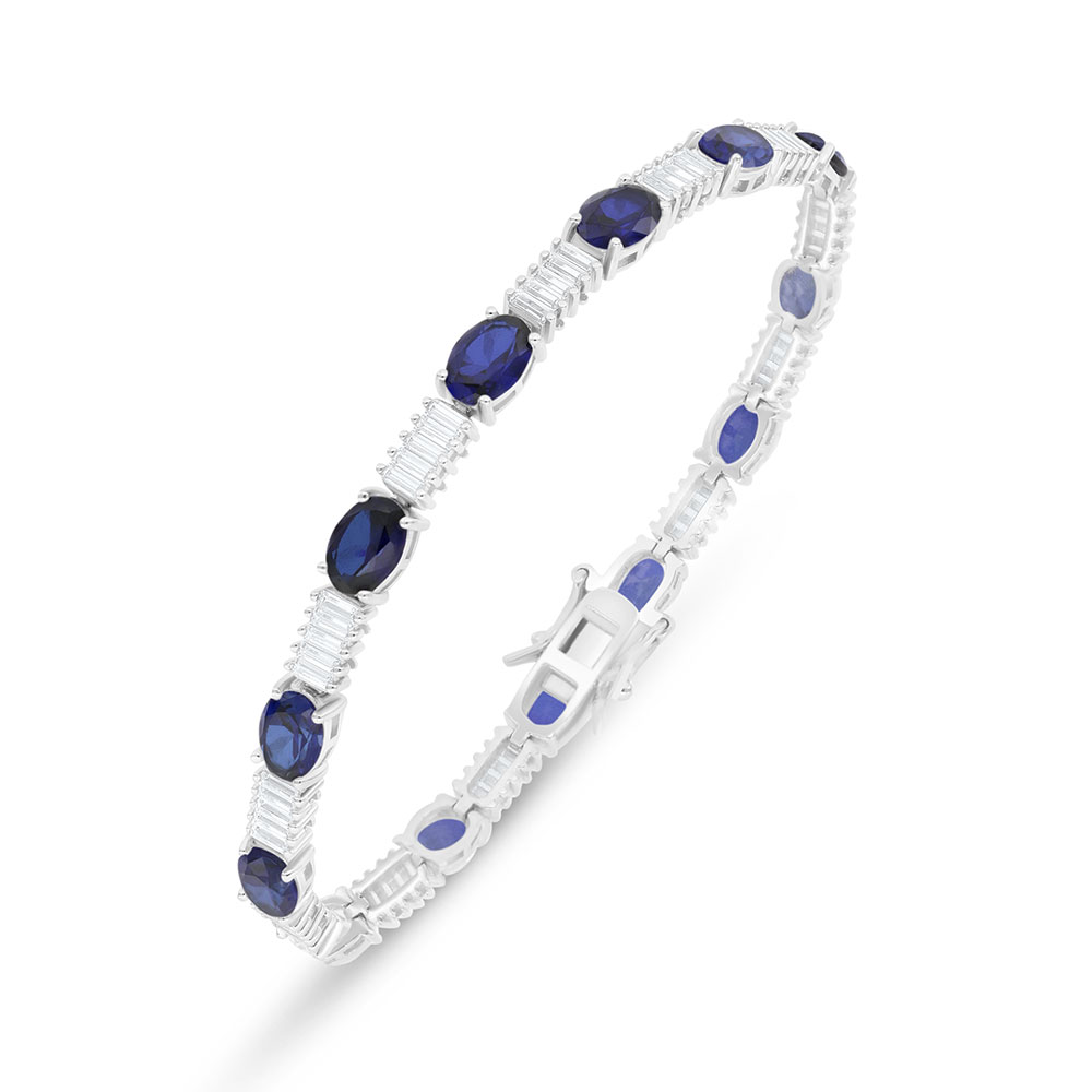 Sterling Silver 925 Bracelet Rhodium Plated Embedded With Sapphire Corundum And White Zircon