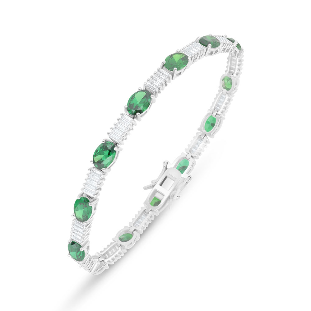 Sterling Silver 925 Bracelet Rhodium Plated Embedded With Emerald Zircon And White Zircon