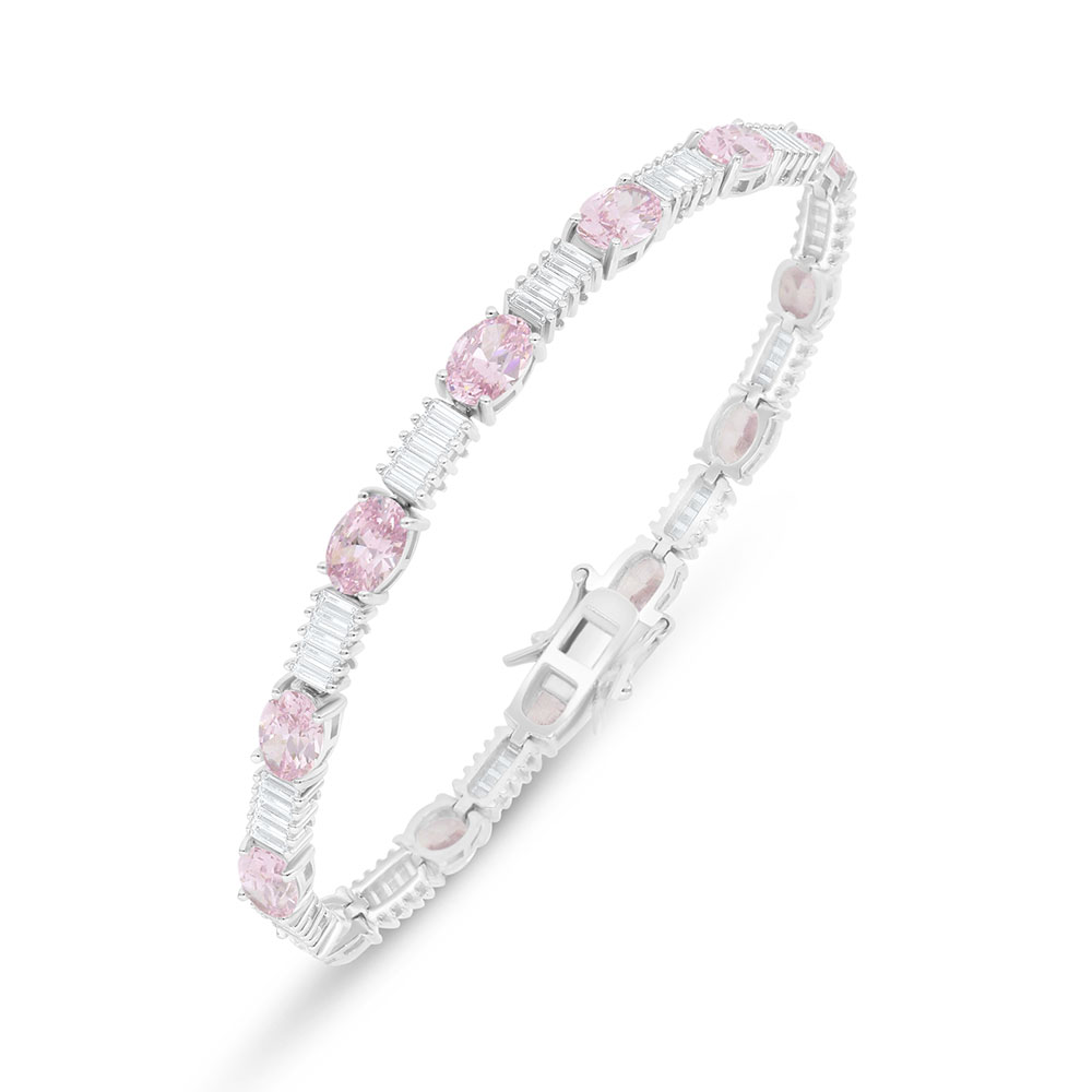 Sterling Silver 925 Bracelet Rhodium Plated Embedded With Pink Zircon And White Zircon