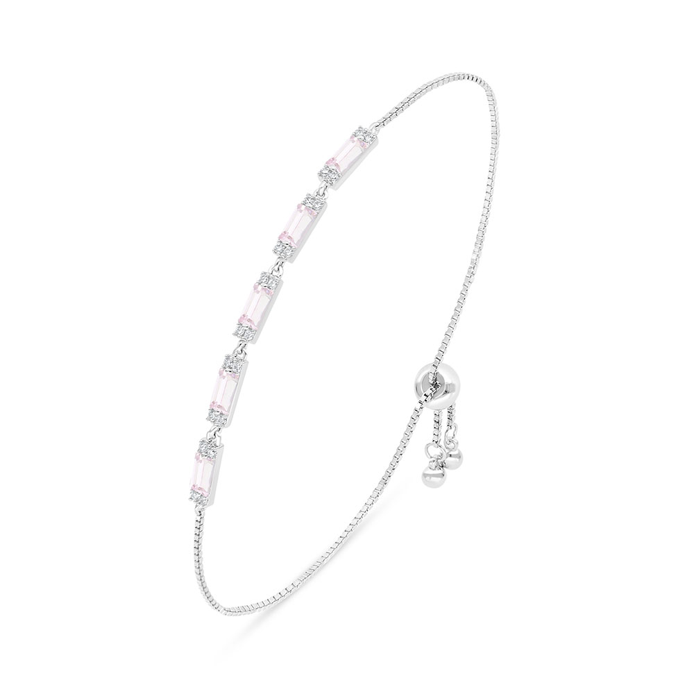 Sterling Silver 925 Bracelet Rhodium Plated Embedded With Pink Zircon And White Zircon