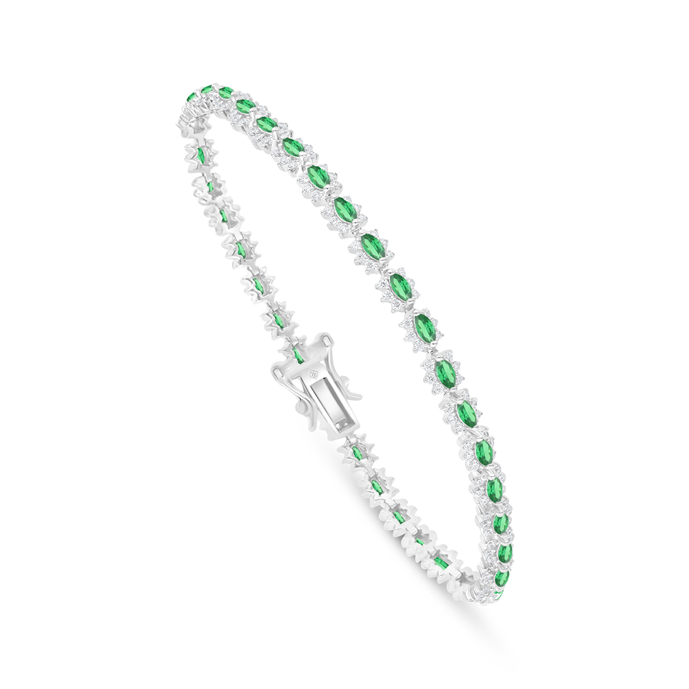 Sterling Silver 925 Bracelet Rhodium Plated Embedded With Emerald Zircon And White Zircon