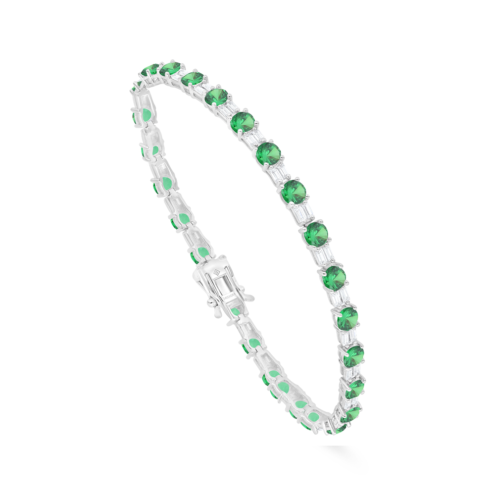 Sterling Silver 925 Bracelet Rhodium Plated Embedded With Emerald Zircon And White Zircon