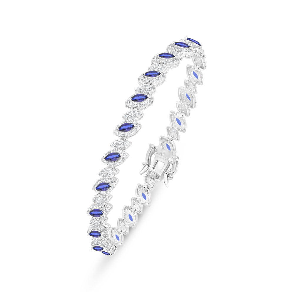 Sterling Silver 925 Bracelet Rhodium Plated Embedded With Sapphire Corundum And White Zircon