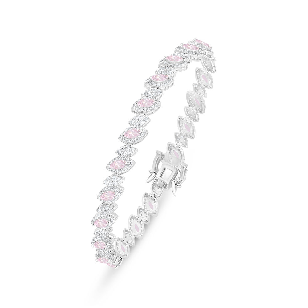 Sterling Silver 925 Bracelet Rhodium Plated Embedded With Pink Zircon And White Zircon