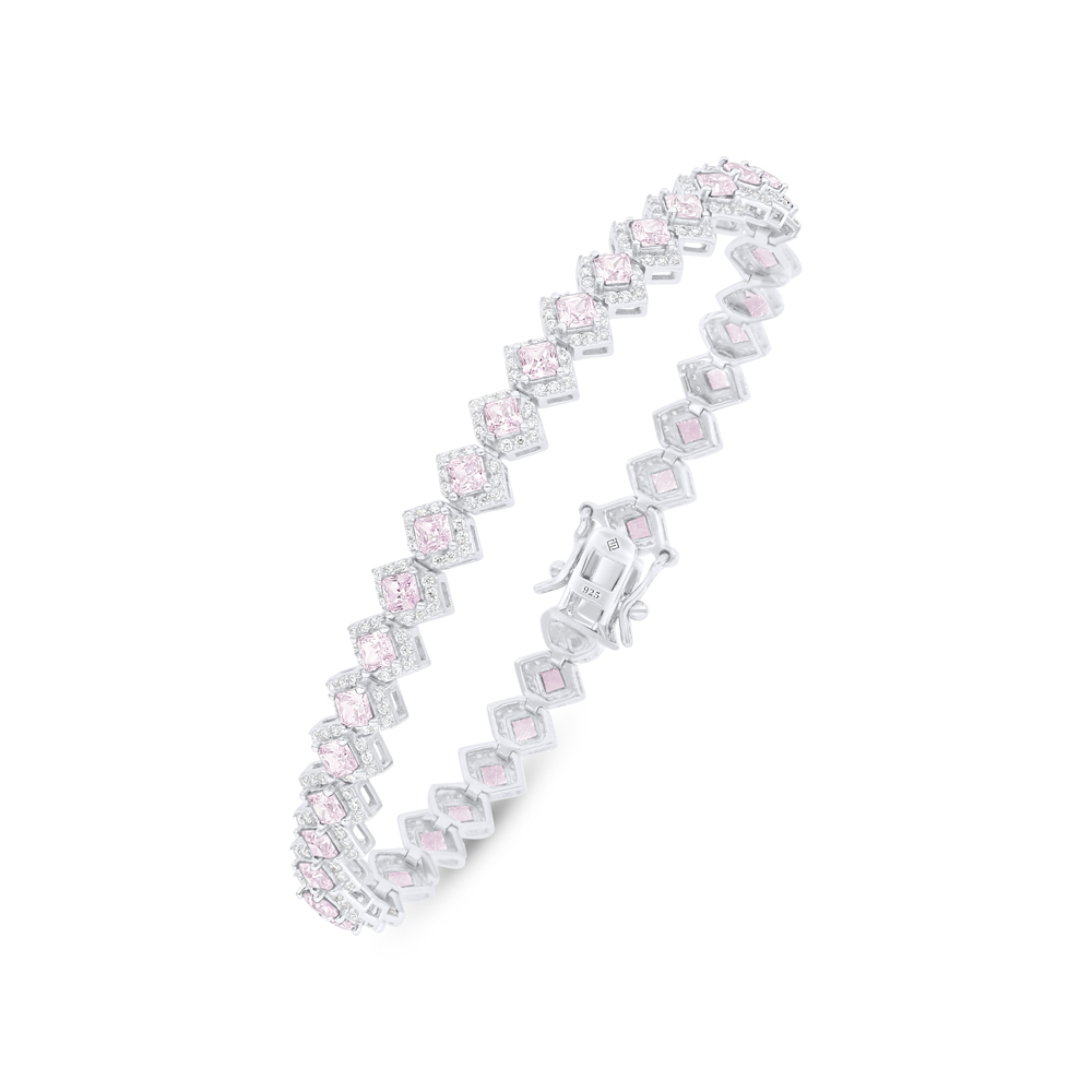 Sterling Silver 925 Bracelet Rhodium Plated Embedded With Pink Zircon And White Zircon