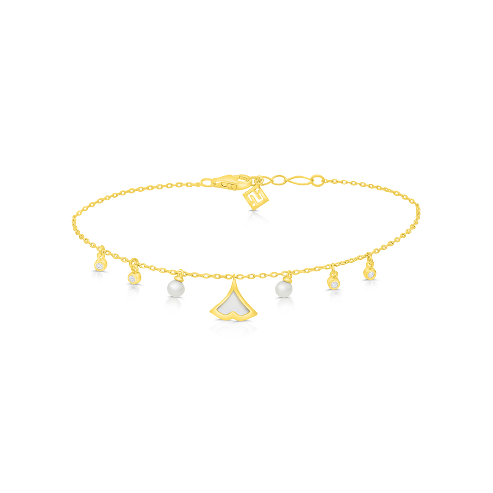 Sterling Silver 925 Bracelet Golden Plated Embedded With Natural White Pearl And White Shell And White Zircon