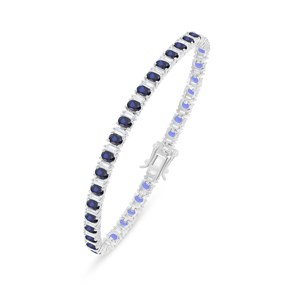 Sterling Silver 925 Bracelet Rhodium Plated Embedded With Sapphire Corundum And White Zircon