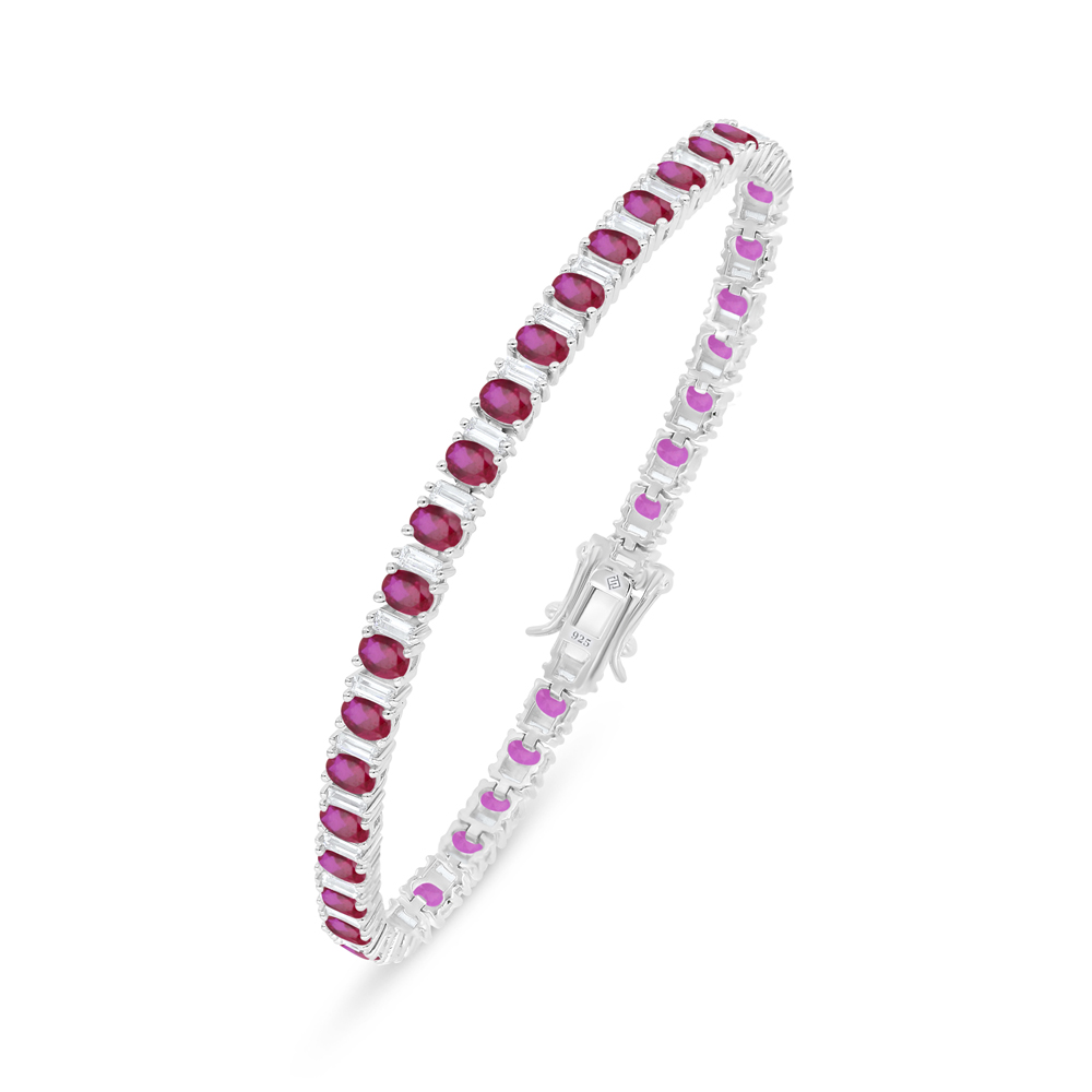 Sterling Silver 925 Bracelet Rhodium Plated Embedded With Ruby Corundum And White Zircon