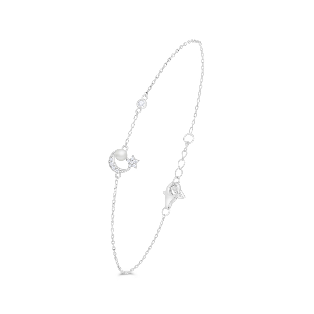 Sterling Silver 925 Bracelet Rhodium Plated Embedded With Natural White Pearl And White Zircon