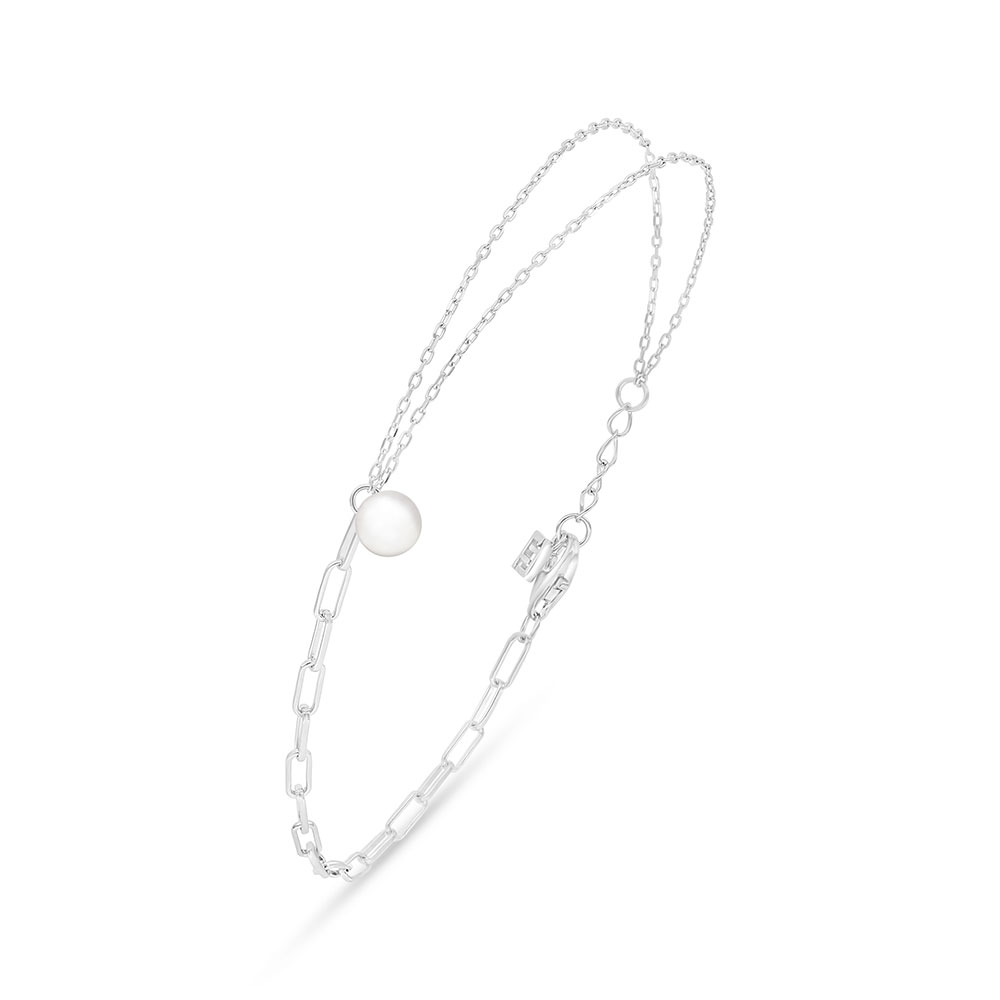 Sterling Silver 925 Bracelet Rhodium Plated Embedded With Natural White Pearl 