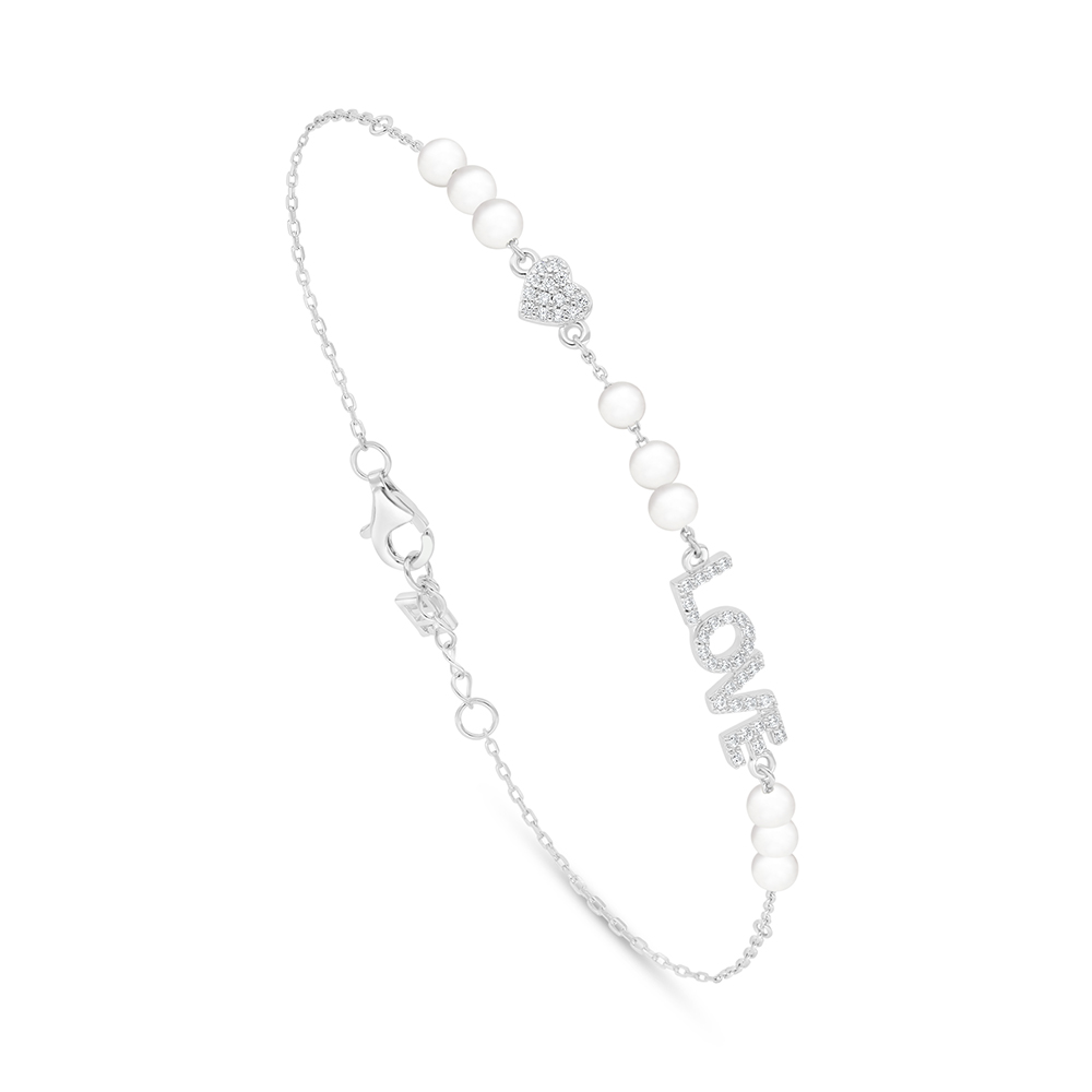 Sterling Silver 925 Bracelet Rhodium Plated Embedded With Natural White Pearl And White Zircon 