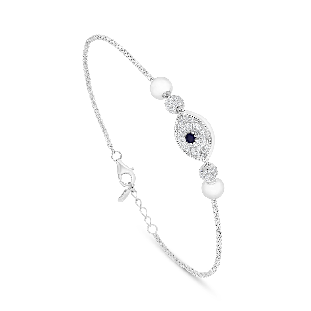 Sterling Silver 925 Bracelet Rhodium Plated Embedded With Natural White Pearl And Sapphire Corundum