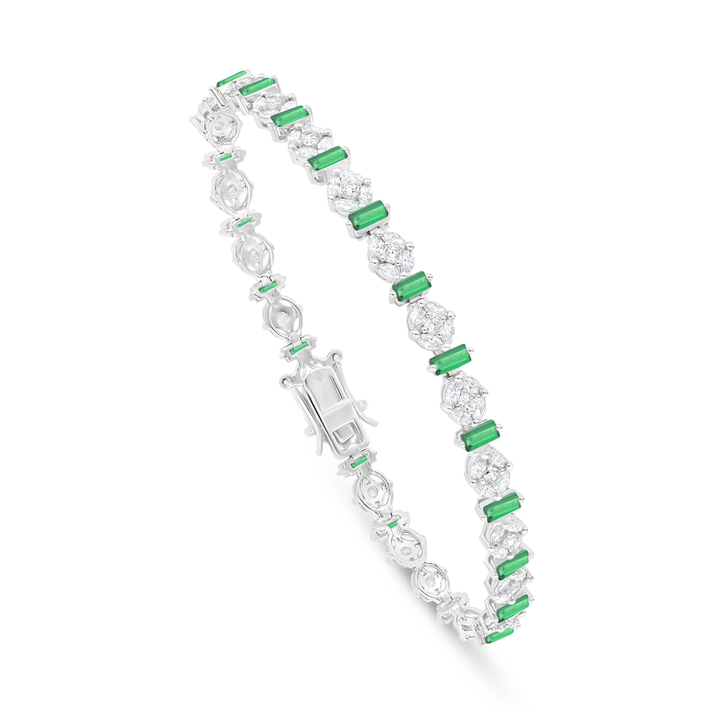 Sterling Silver 925 Bracelet Rhodium Plated Embedded With Emerald Zircon And White Zircon