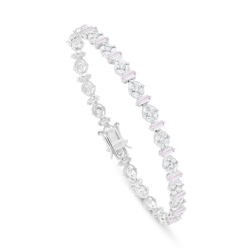 Sterling Silver 925 Bracelet Rhodium Plated Embedded With Pink Zircon And White Zircon